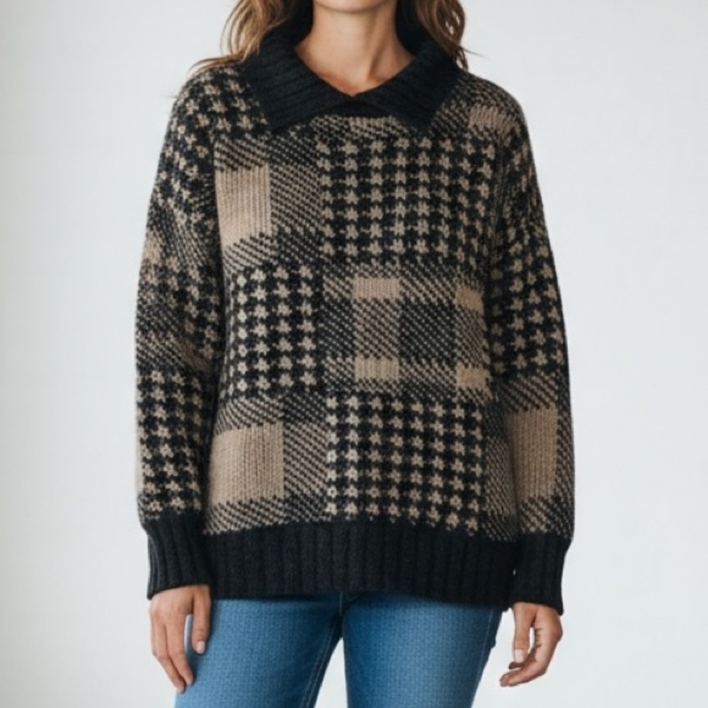 Vintage Wool Sweater Pattern Houndstooth Tan & Black Collared Grandpa Sweater XL
